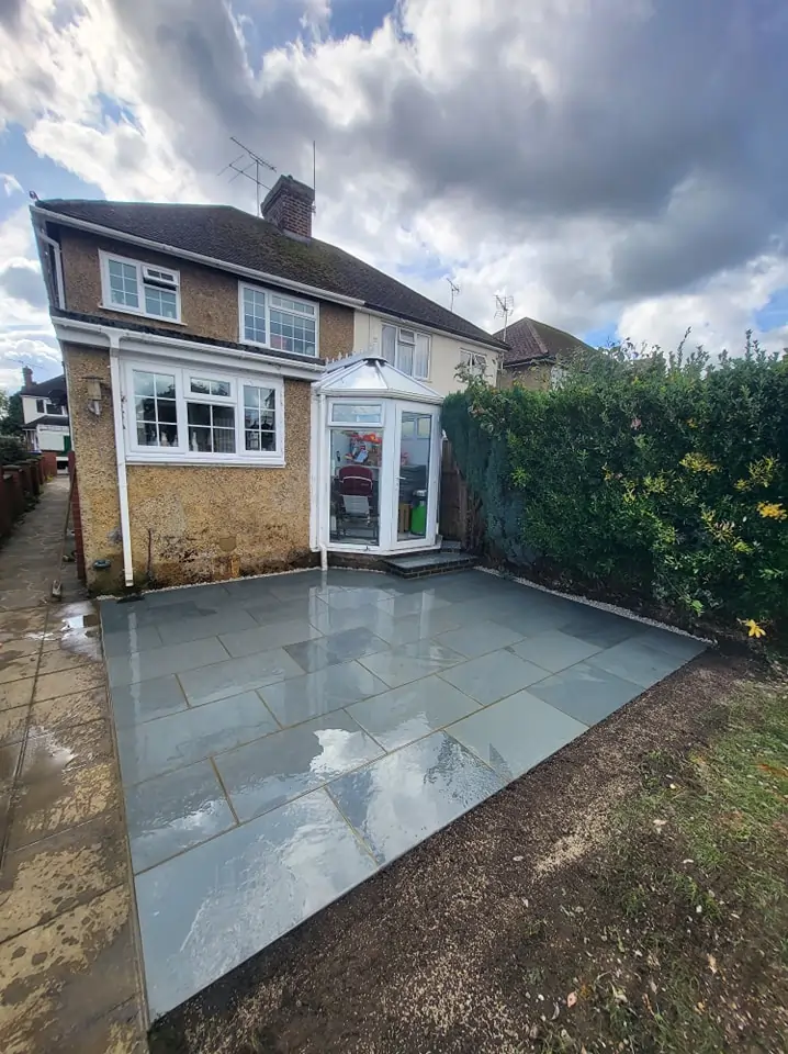 Completed garden patio project in Woking by Prestige Garden Maintenance featuring a clean and professionally finished outdoor space.
