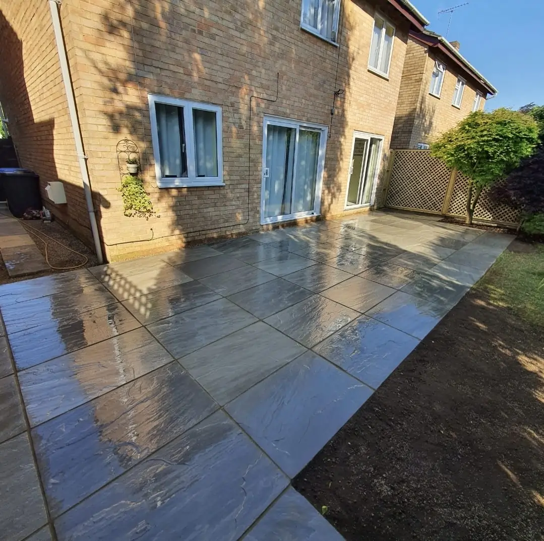 Outdoor patio paving construction in Woking by Prestige Garden Maintenance showing high-quality landscaping workmanship.