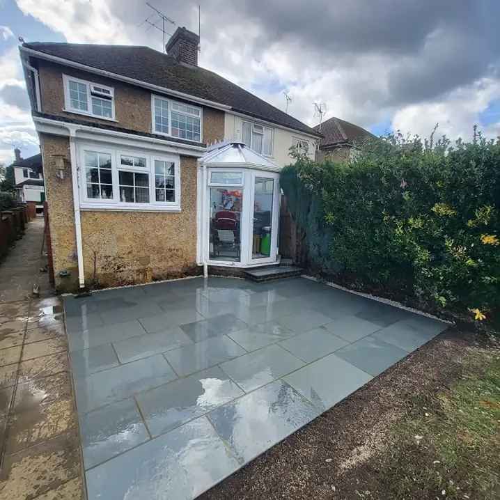 Completed garden patio project in Woking by Prestige Garden Maintenance featuring a clean and professionally finished outdoor space.
